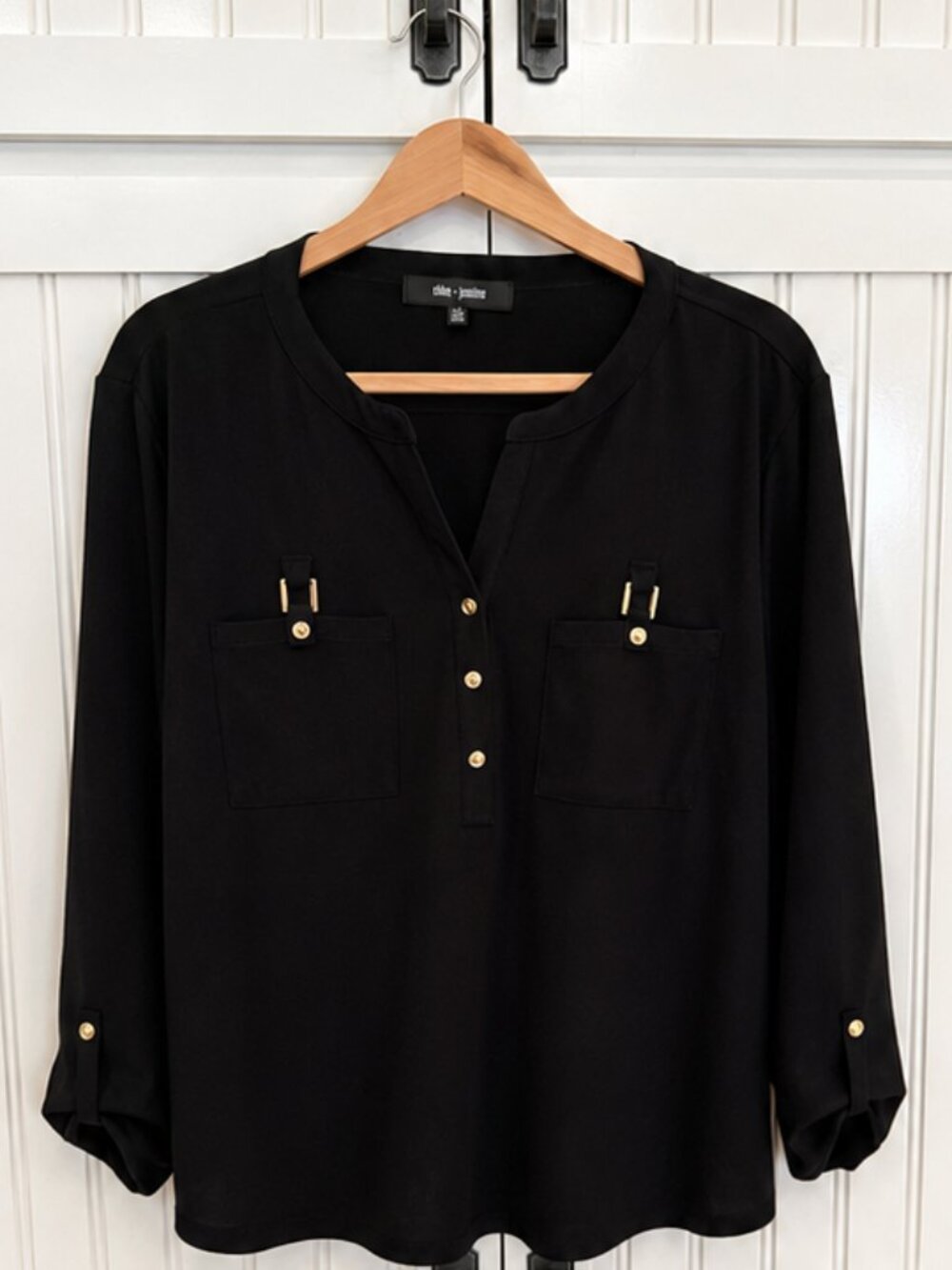Chloe + Jasmine Black Gold Hardware Pocket Blouse Large Roll Tab Sleeve Career